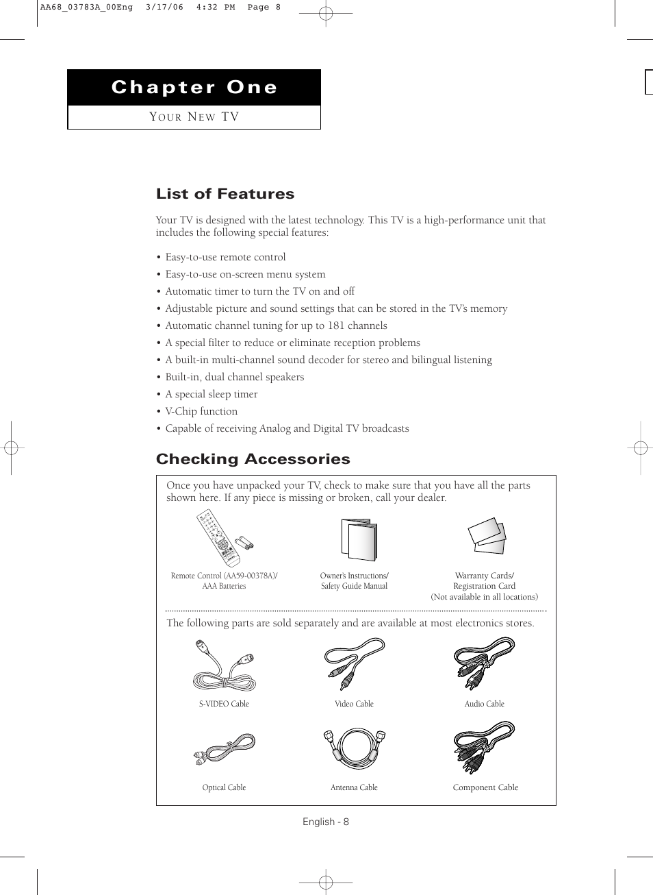 Chapter 1:your new tv, List of features, Checking accessories | Samsung TXS2783X-XAA User Manual | Page 8 / 72
