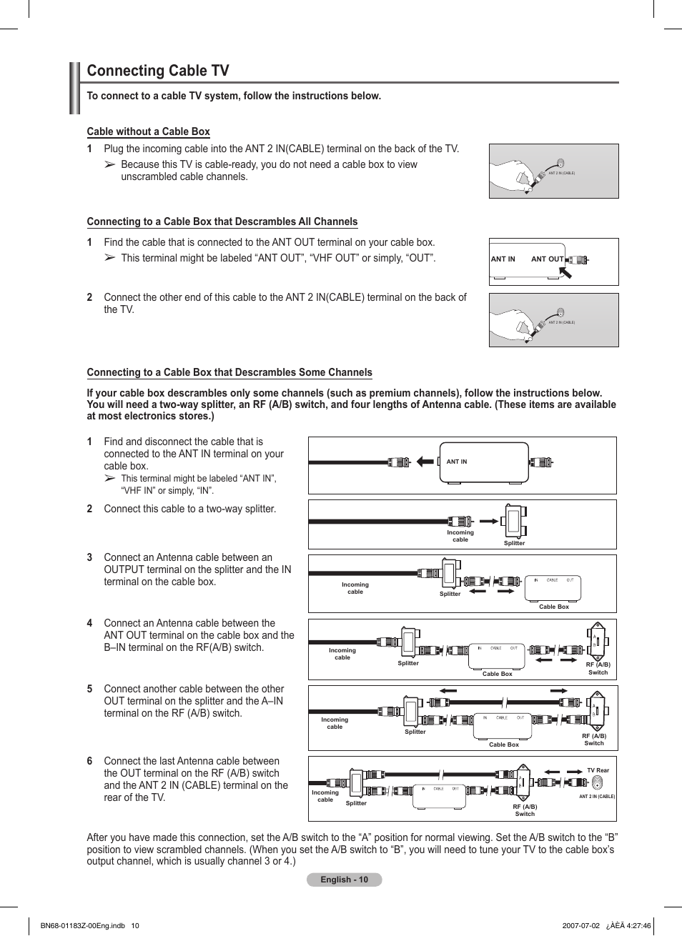 Connecting cable tv | Samsung FPT5884X-XAA User Manual | Page 10 / 250