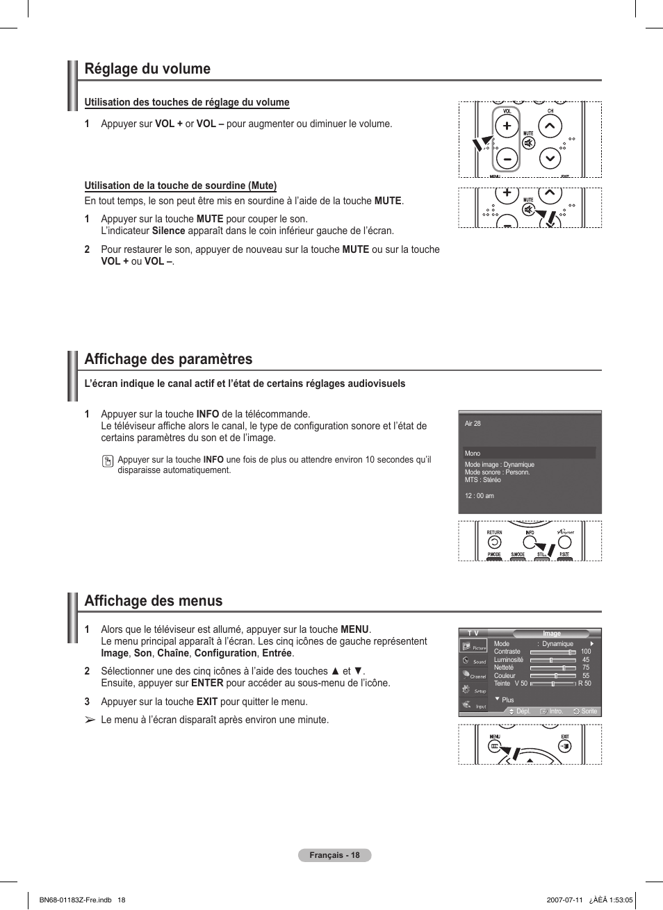 Réglage du volume, Affichage des paramètres, Affichage des menus | Samsung FPT5884X-XAA User Manual | Page 102 / 250