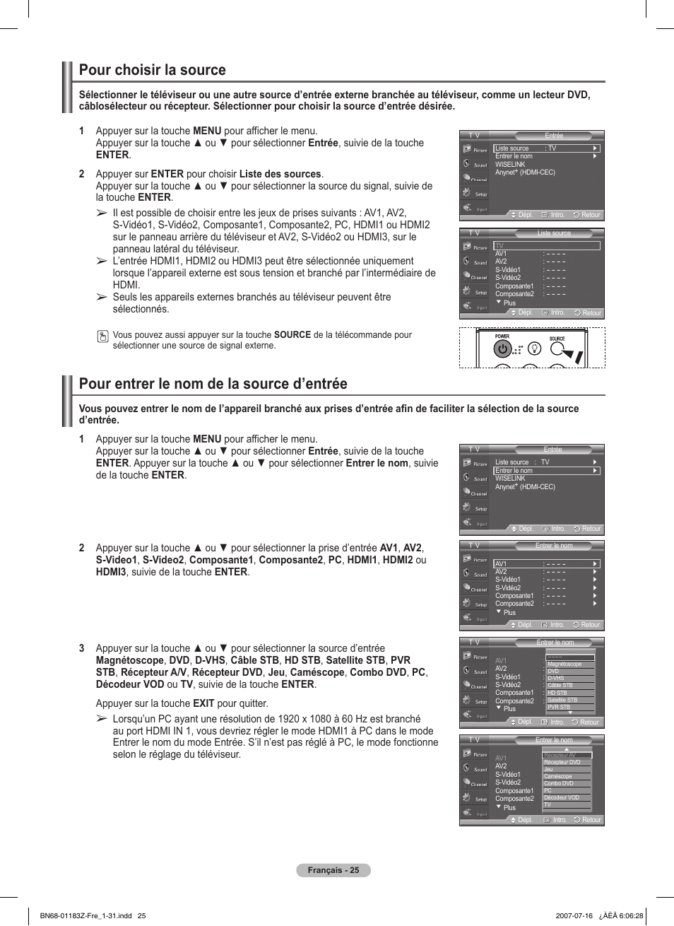 Pour choisir la source, Pour entrer le nom de la source d’entrée | Samsung FPT5884X-XAA User Manual | Page 109 / 250
