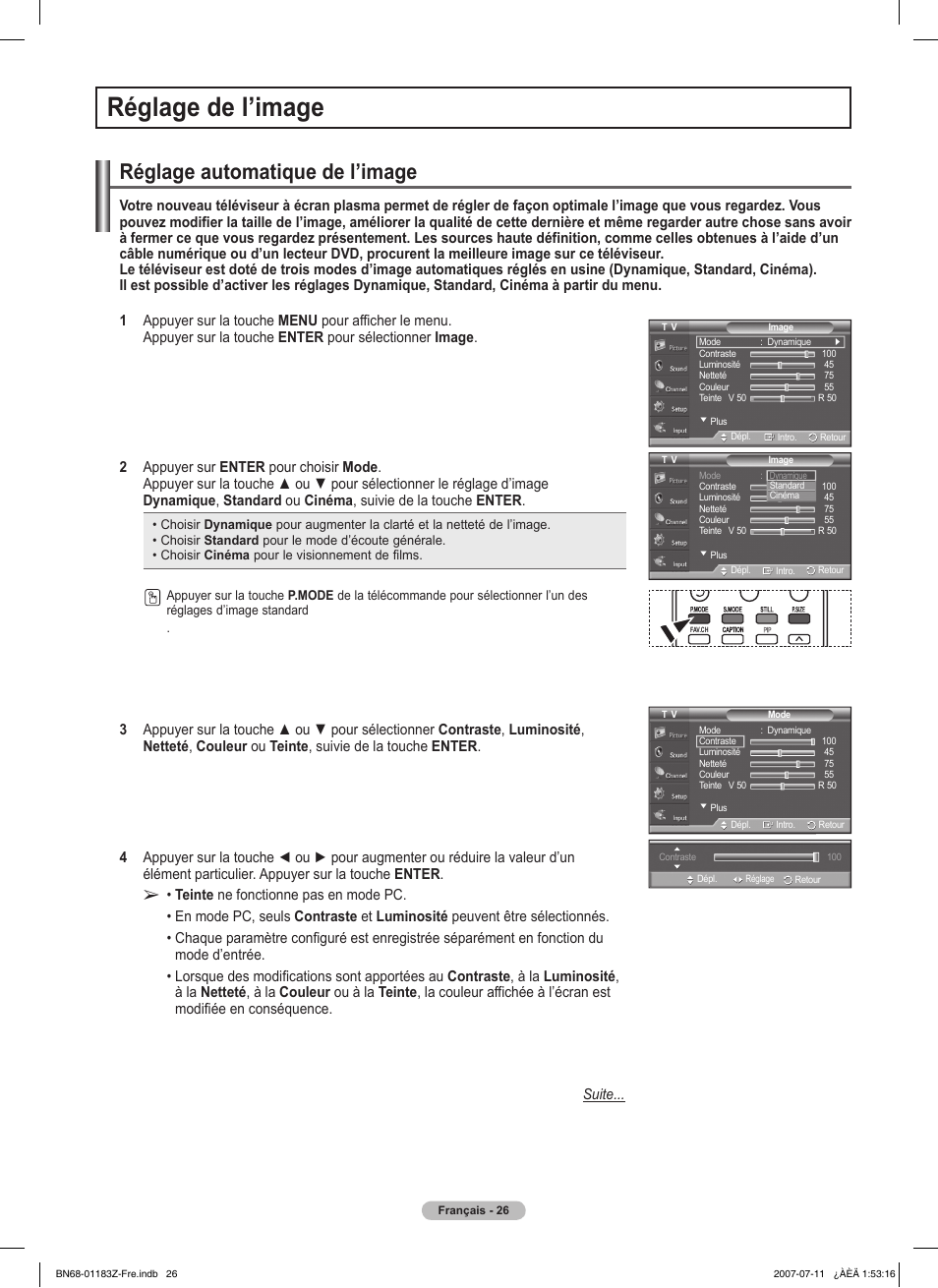 Réglage de l’image, Réglage automatique de l’image | Samsung FPT5884X-XAA User Manual | Page 110 / 250