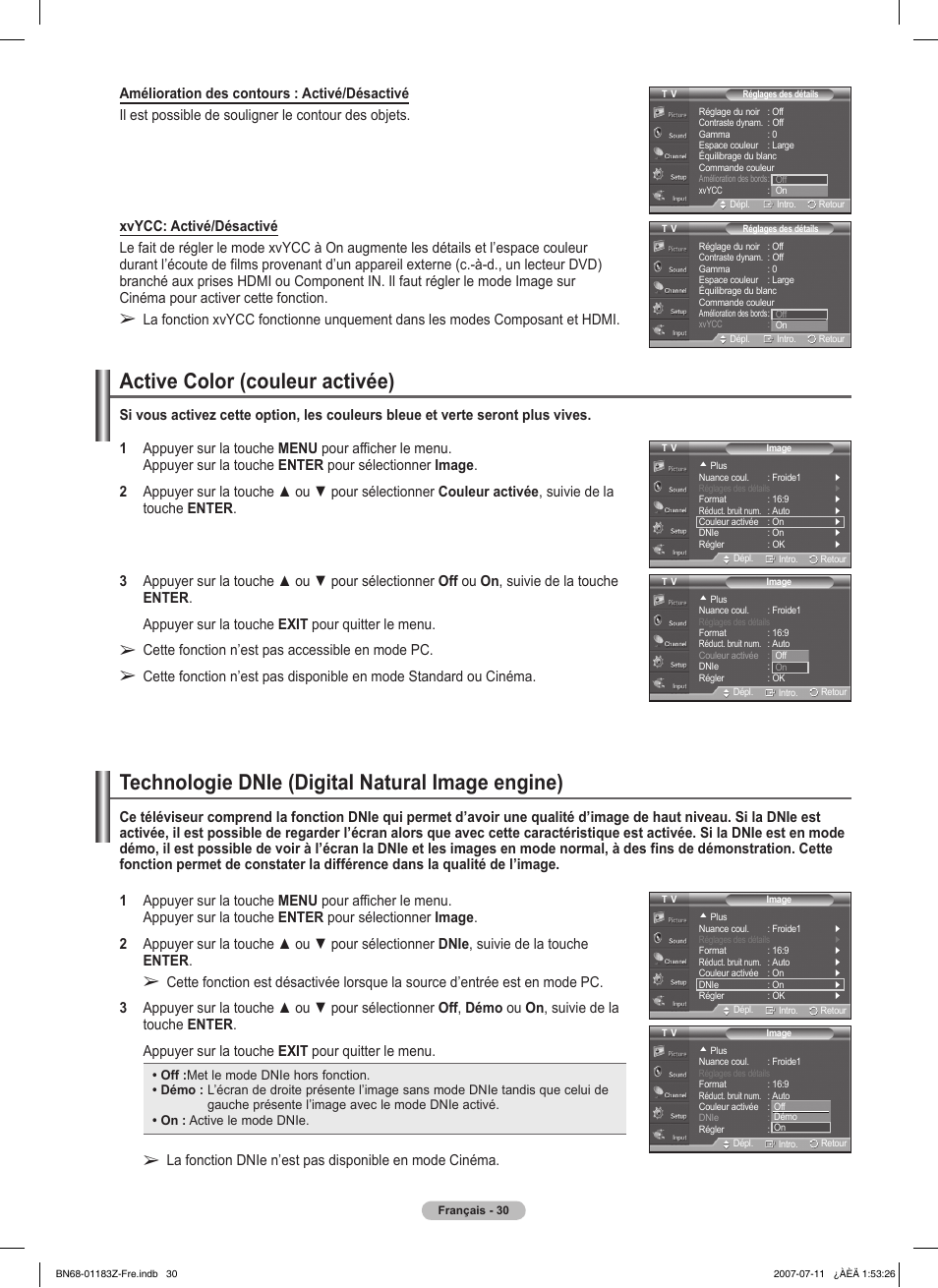 Active color (couleur activée), Technologie dnie (digital natural image engine), Cette fonction n’est pas accessible en mode pc | Samsung FPT5884X-XAA User Manual | Page 114 / 250