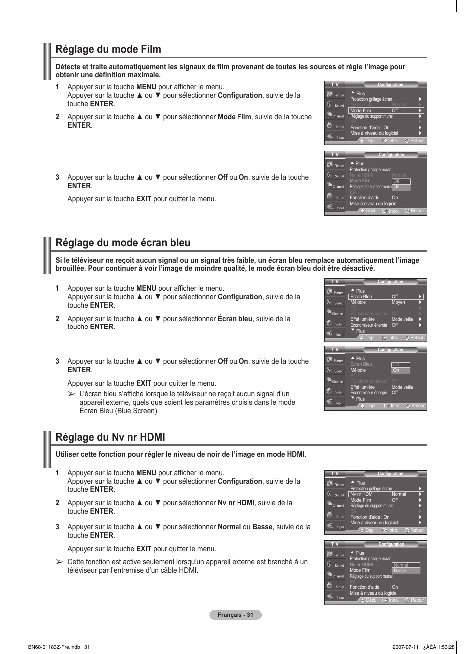 Réglage du mode film, Réglage du mode écran bleu, Réglage du nv nr hdmi | Samsung FPT5884X-XAA User Manual | Page 115 / 250