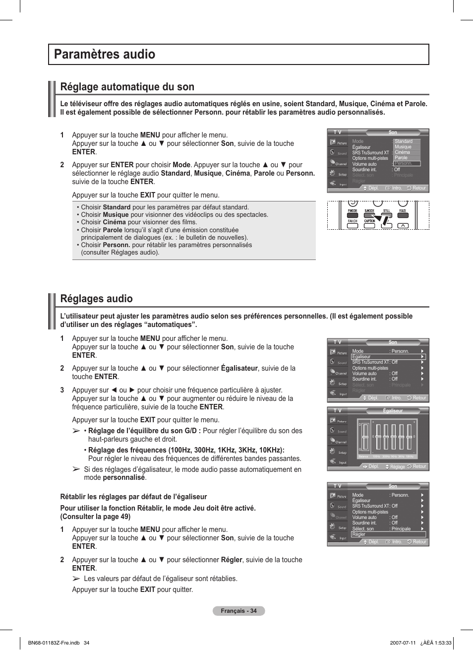 Paramètres audio, Réglage automatique du son, Réglages audio | Samsung FPT5884X-XAA User Manual | Page 118 / 250