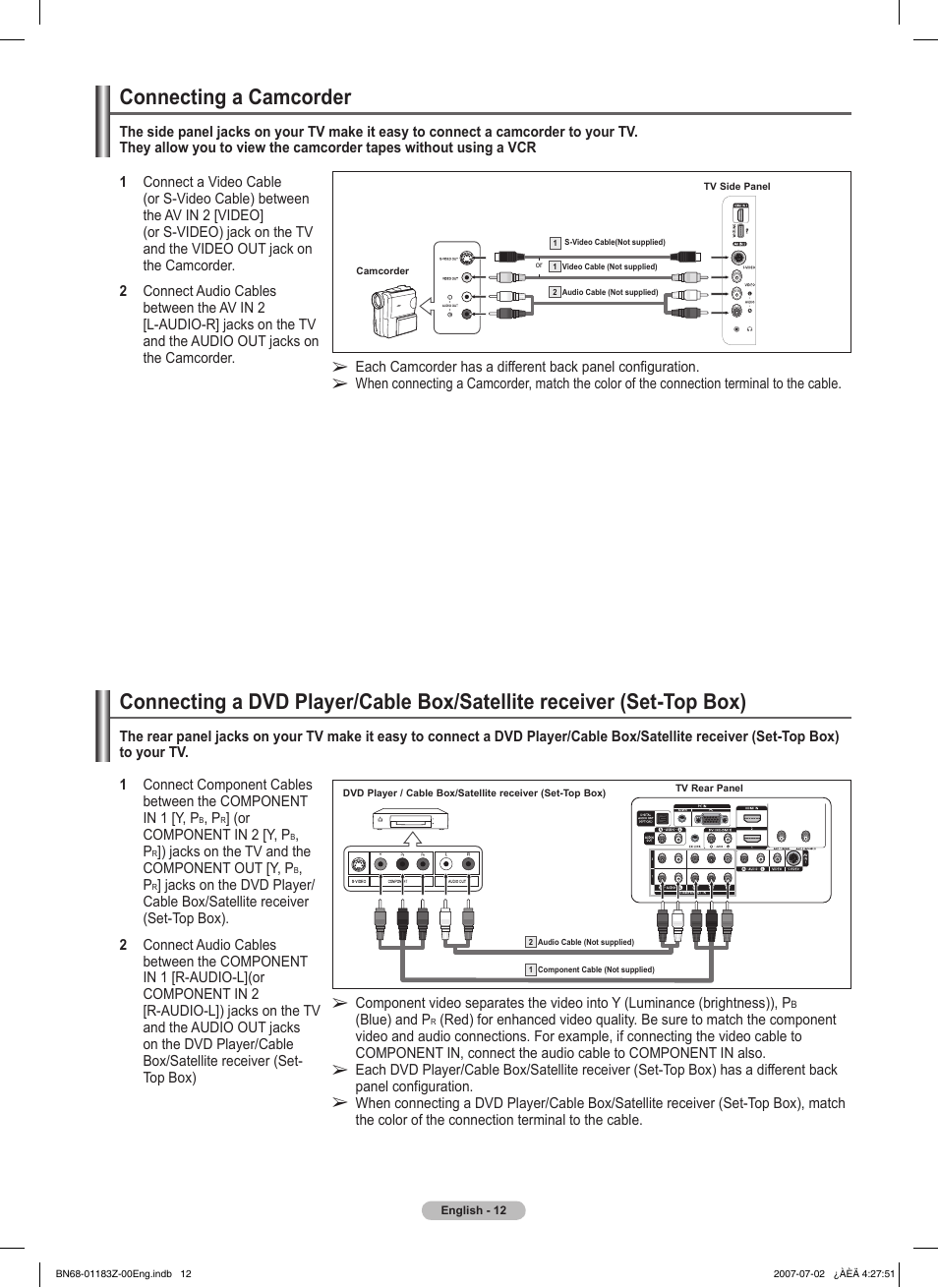 Connecting a camcorder | Samsung FPT5884X-XAA User Manual | Page 12 / 250