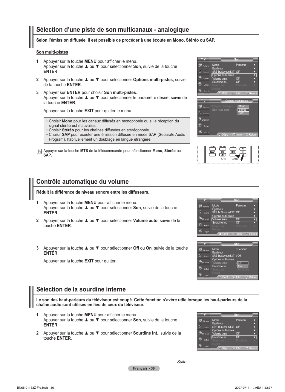 Contrôle automatique du volume, Sélection de la sourdine interne | Samsung FPT5884X-XAA User Manual | Page 120 / 250