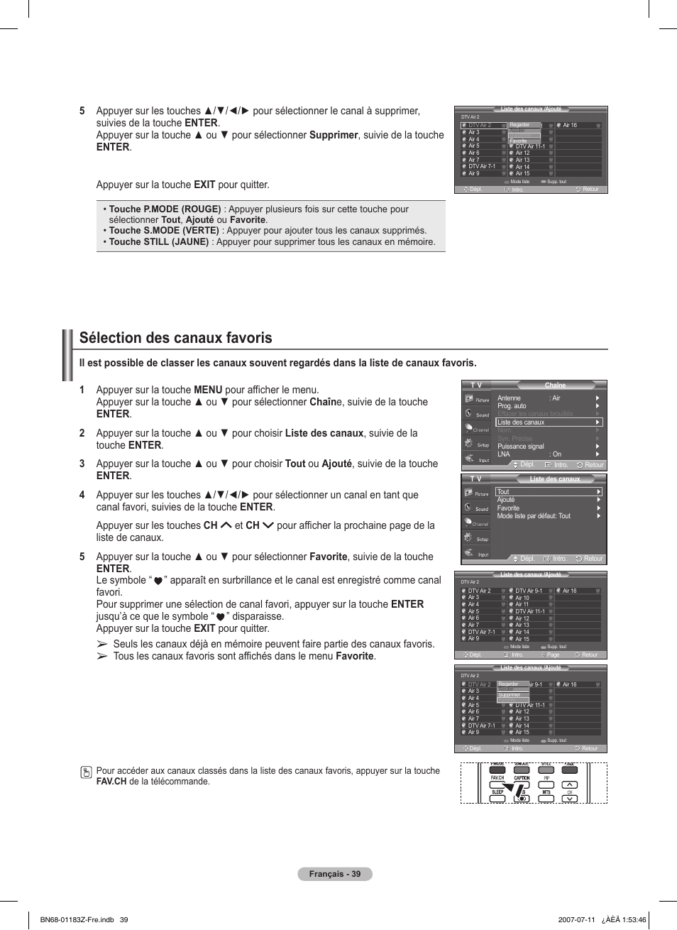 Sélection des canaux favoris | Samsung FPT5884X-XAA User Manual | Page 123 / 250