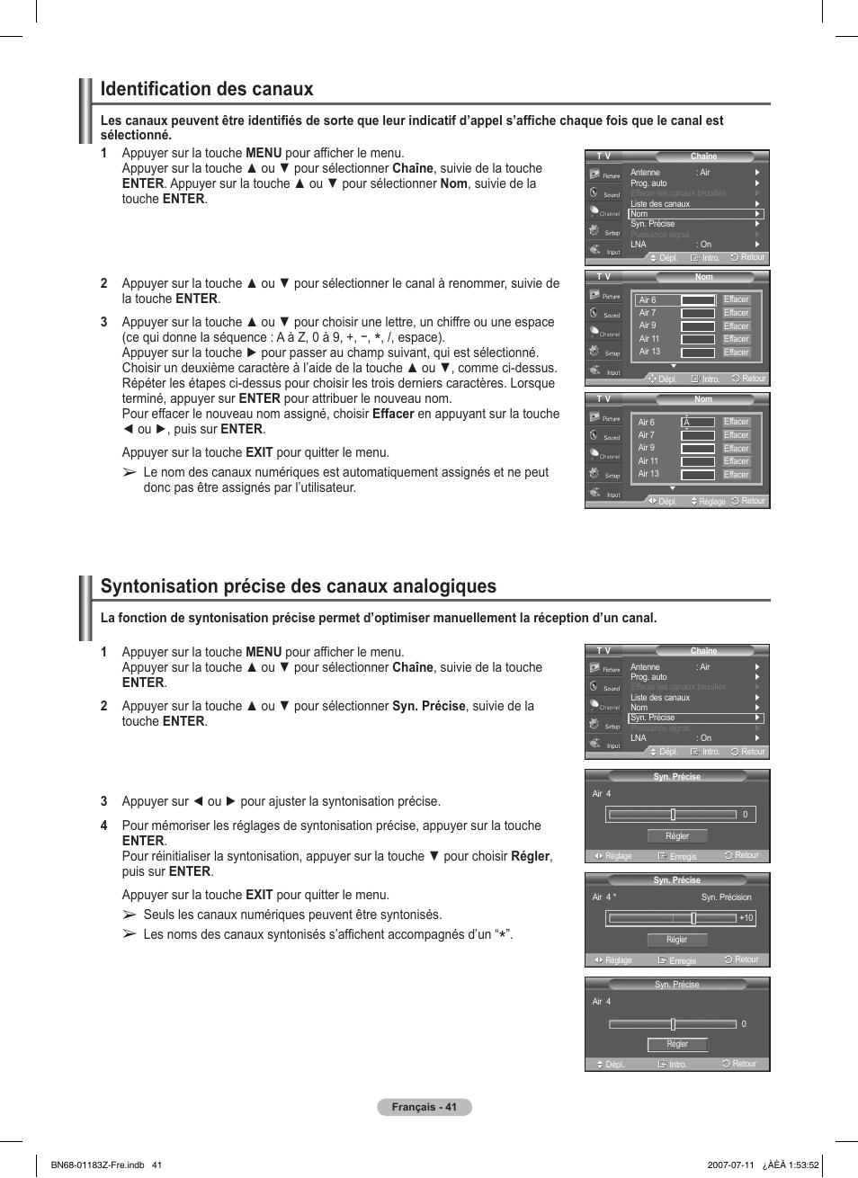 Identification des canaux, Syntonisation précise des canaux analogiques | Samsung FPT5884X-XAA User Manual | Page 125 / 250