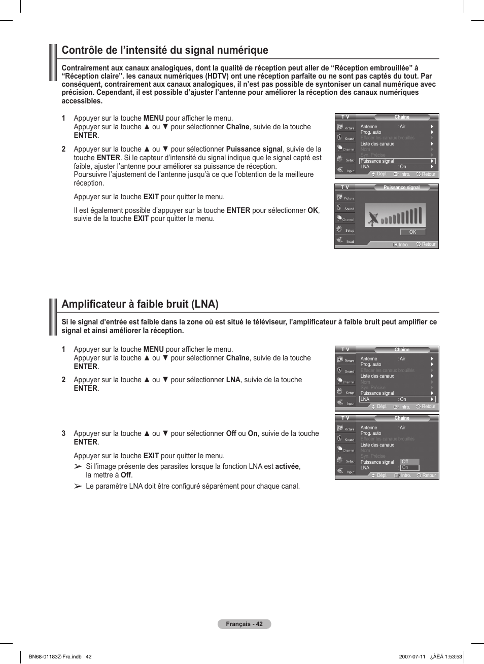 Contrôle de l’intensité du signal numérique, Amplificateur à faible bruit (lna) | Samsung FPT5884X-XAA User Manual | Page 126 / 250