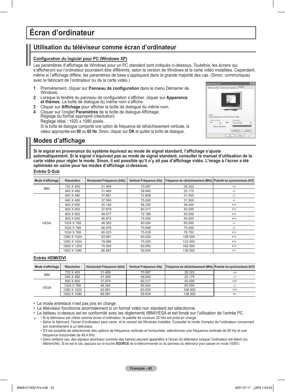 Écran d’ordinateur, Utilisation du téléviseur comme écran d’ordinateur, Modes d’affichage | Samsung FPT5884X-XAA User Manual | Page 127 / 250