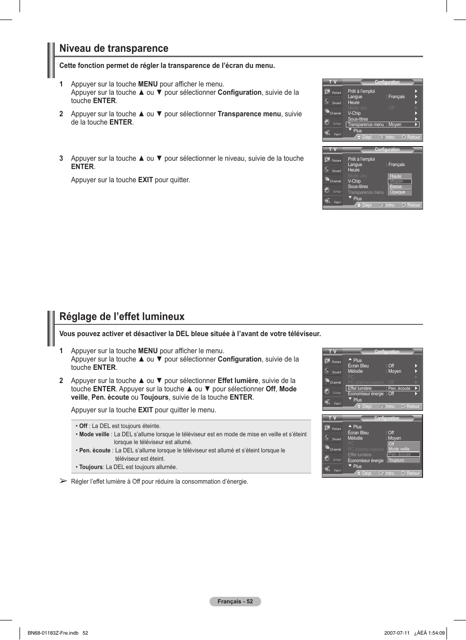 Niveau de transparence, Réglage de l’effet lumineux | Samsung FPT5884X-XAA User Manual | Page 136 / 250