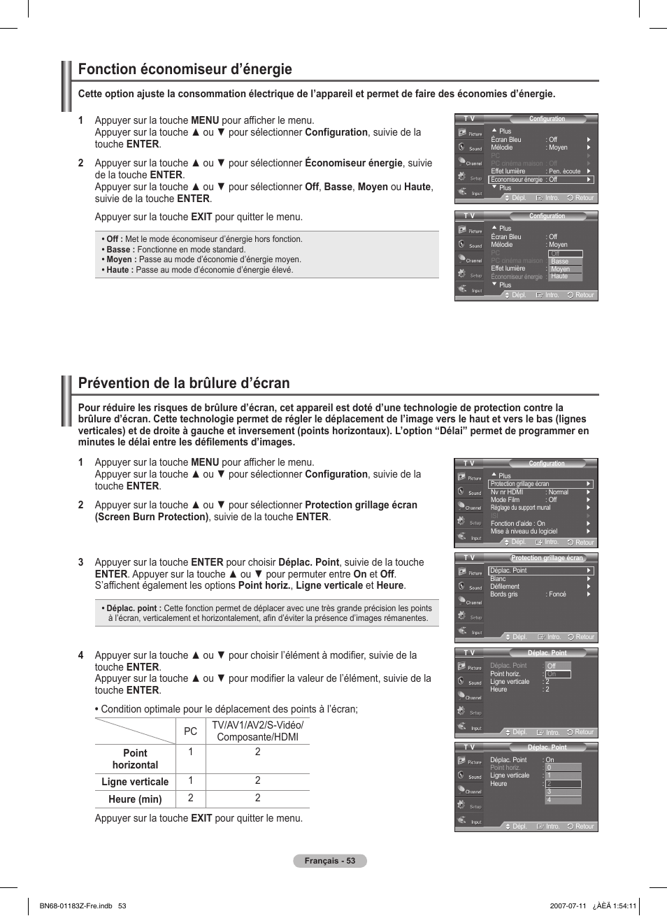 Fonction économiseur d’énergie, Prévention de la brûlure d’écran | Samsung FPT5884X-XAA User Manual | Page 137 / 250