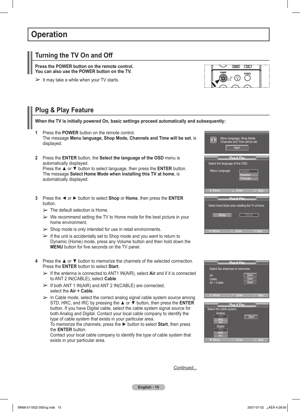 Operation, Turning the tv on and off, Plug & play feature | Samsung FPT5884X-XAA User Manual | Page 15 / 250