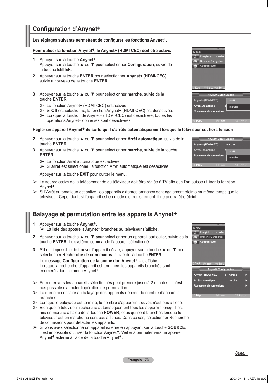 Configuration d’anynet, Balayage et permutation entre les appareils anynet | Samsung FPT5884X-XAA User Manual | Page 157 / 250