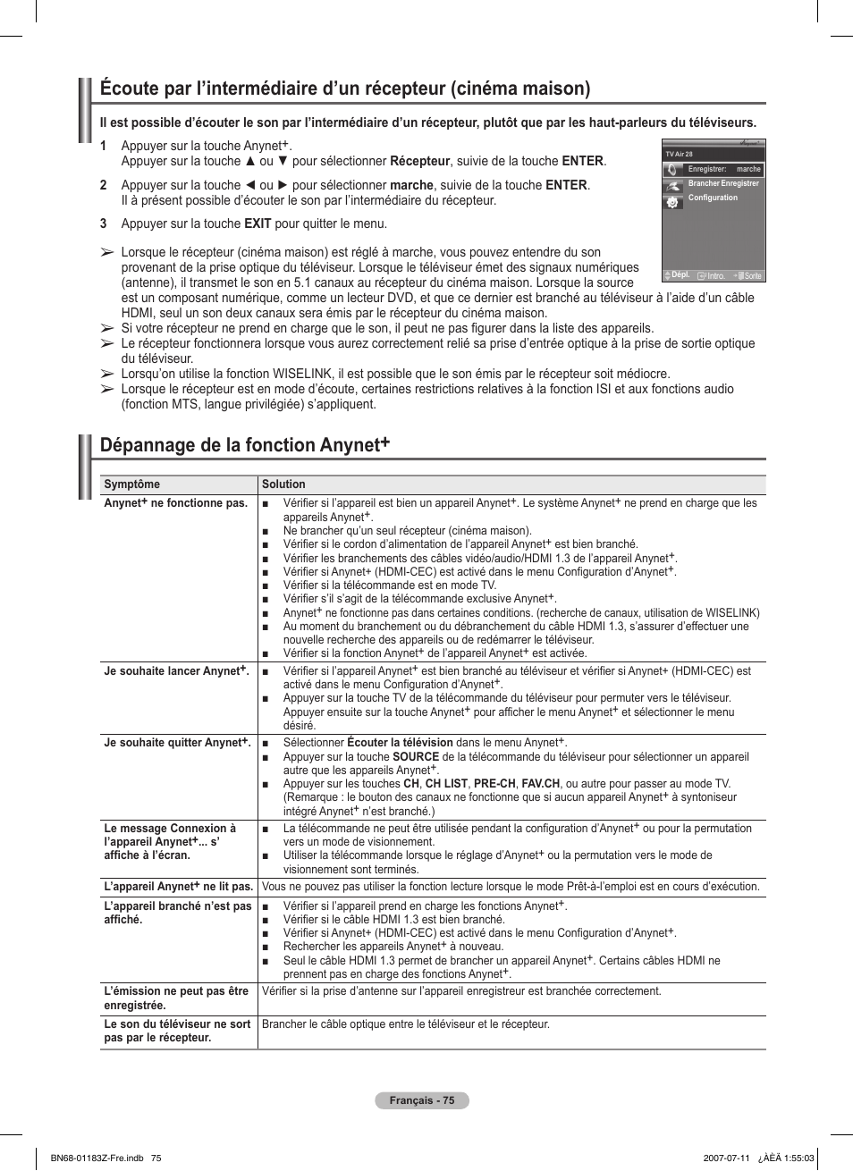 Dépannage de la fonction anynet | Samsung FPT5884X-XAA User Manual | Page 159 / 250