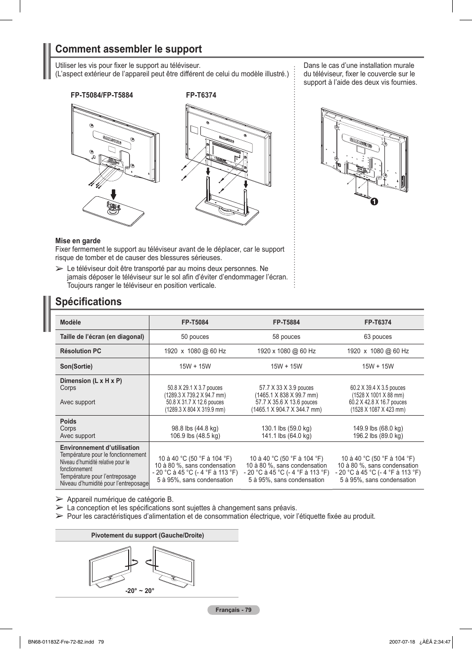 Spécifications, Comment assembler le support | Samsung FPT5884X-XAA User Manual | Page 163 / 250