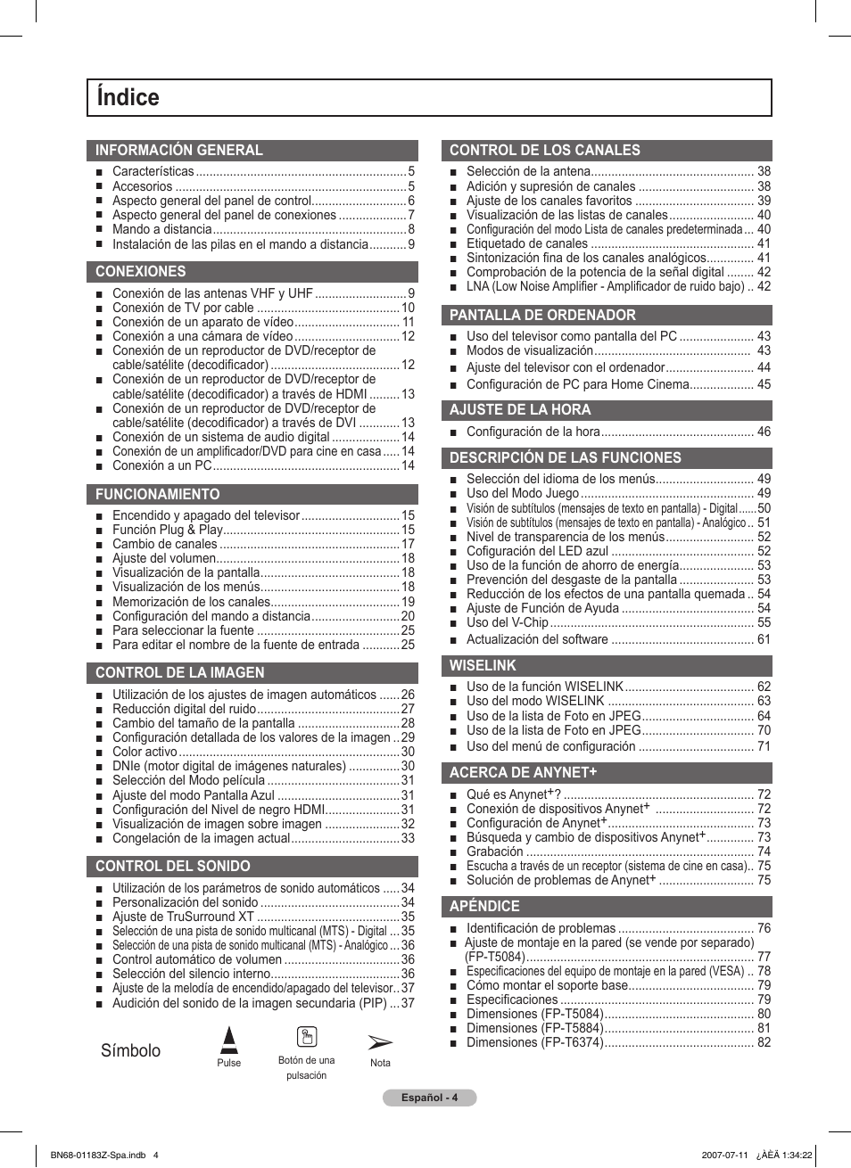 Índice, Símbolo | Samsung FPT5884X-XAA User Manual | Page 170 / 250