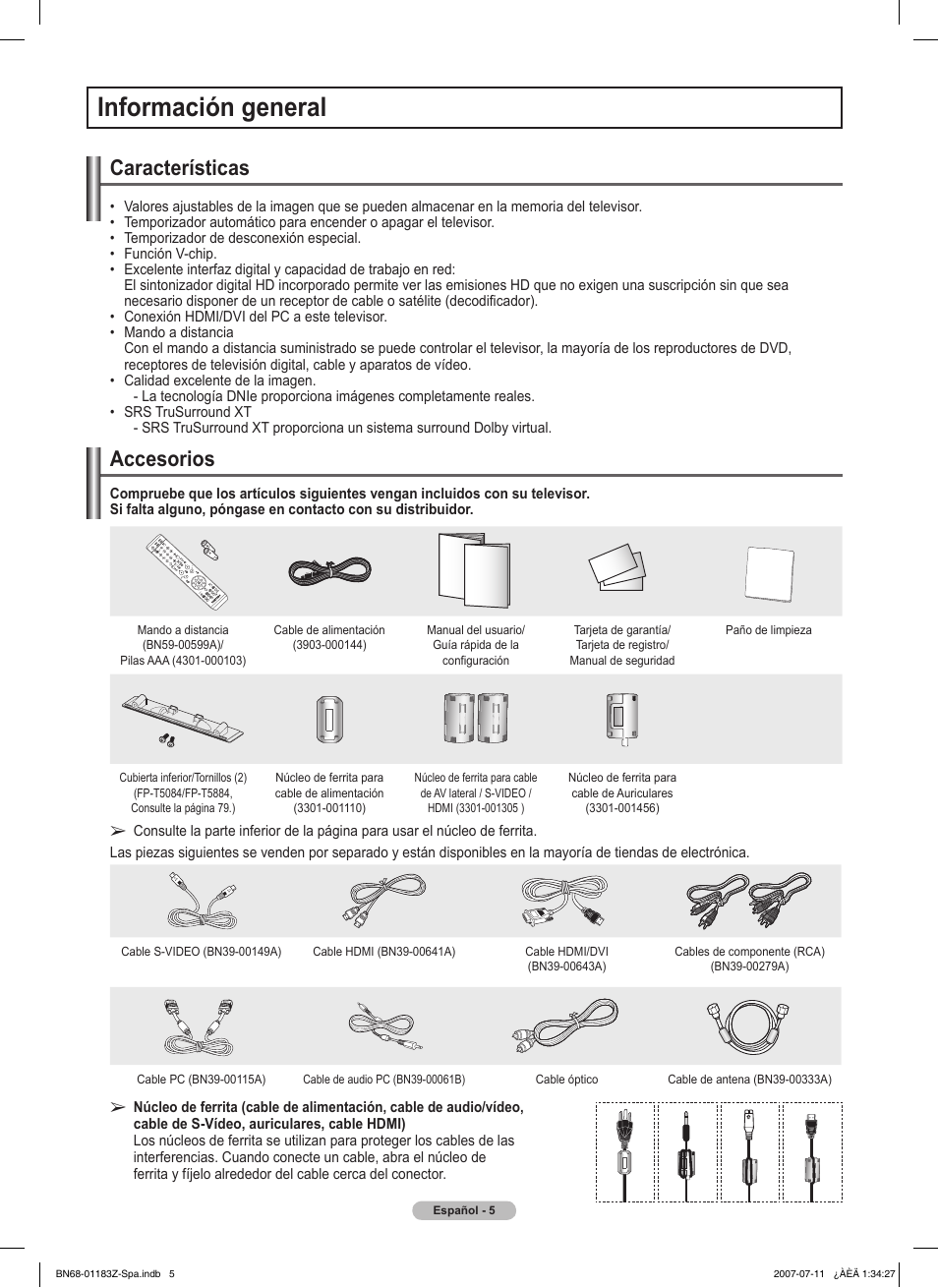 Información general, Características, Accesorios | Samsung FPT5884X-XAA User Manual | Page 171 / 250
