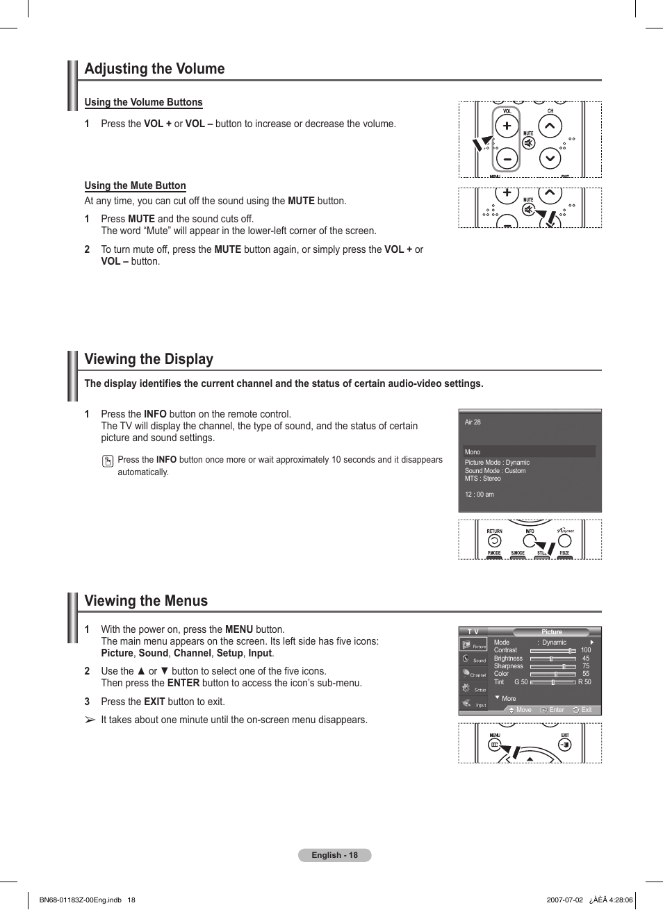 Adjusting the volume, Viewing the display, Viewing the menus | Samsung FPT5884X-XAA User Manual | Page 18 / 250