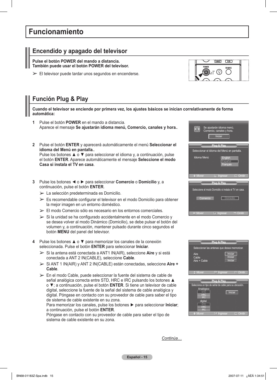 Funcionamiento, Encendido y apagado del televisor, Función plug & play | Samsung FPT5884X-XAA User Manual | Page 181 / 250
