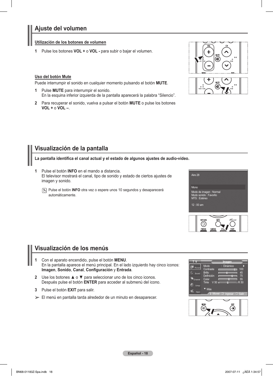 Ajuste del volumen, Visualización de la pantalla, Visualización de los menús | Samsung FPT5884X-XAA User Manual | Page 184 / 250
