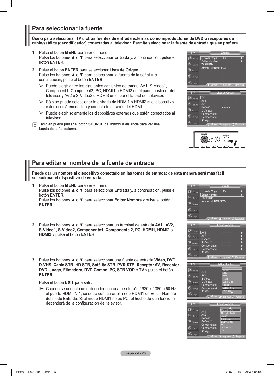 Para seleccionar la fuente, Para editar el nombre de la fuente de entrada | Samsung FPT5884X-XAA User Manual | Page 191 / 250