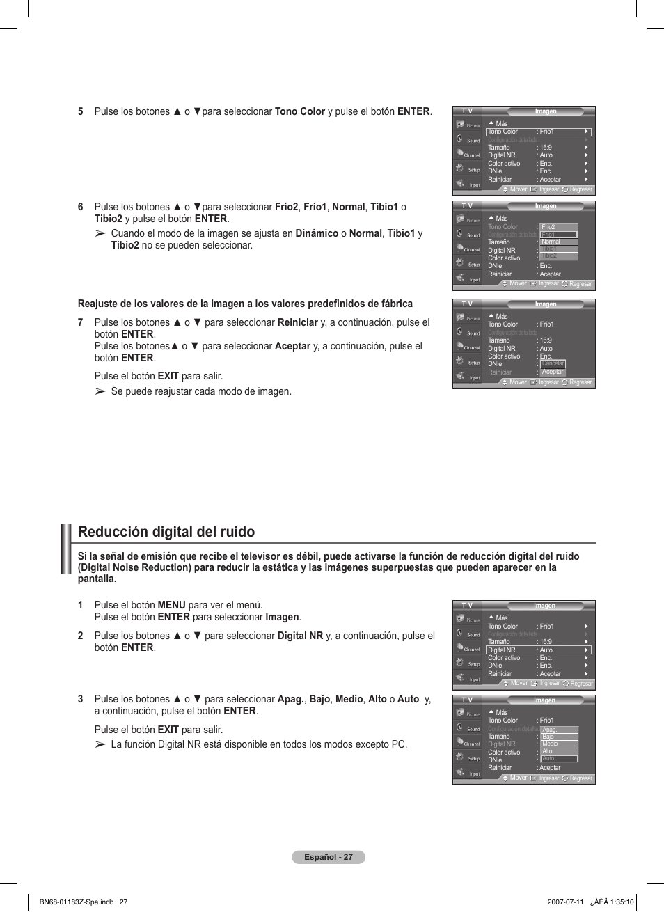 Reducción digital del ruido, Se puede reajustar cada modo de imagen | Samsung FPT5884X-XAA User Manual | Page 193 / 250
