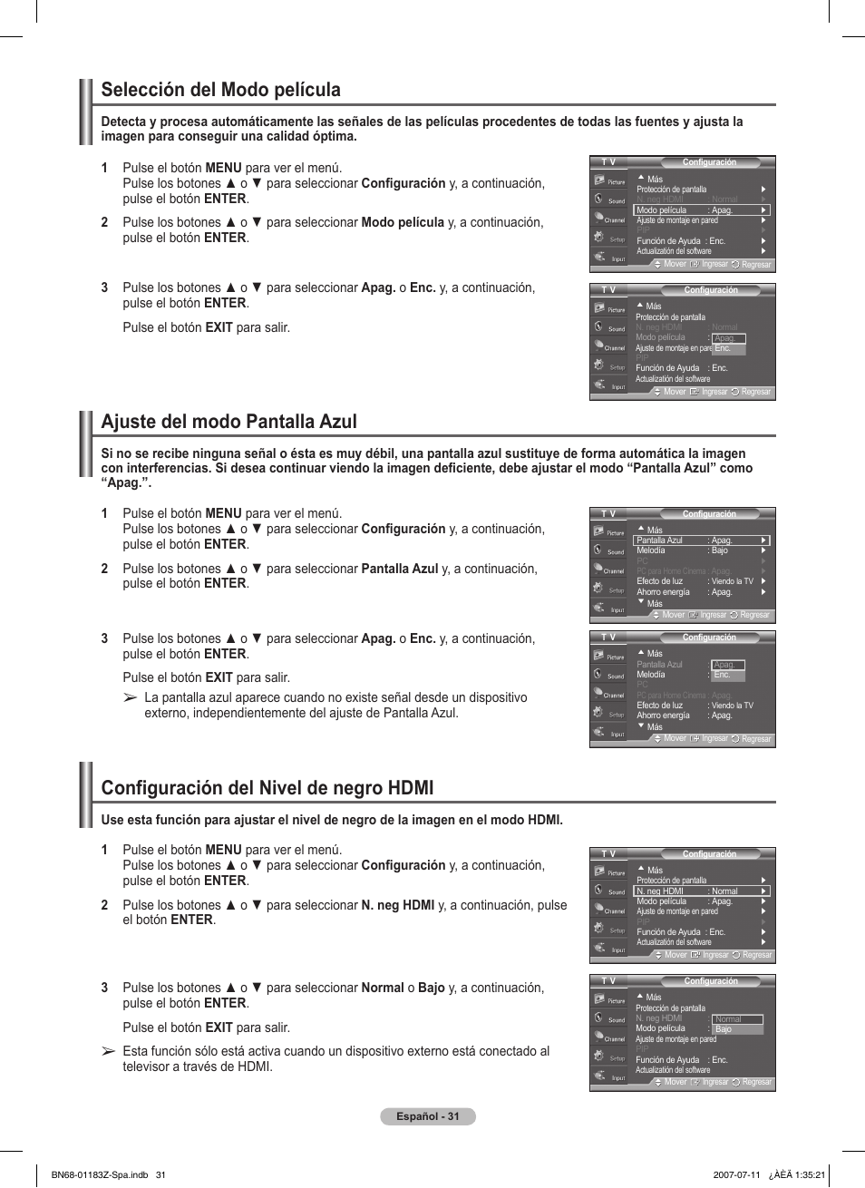 Selección del modo película, Ajuste del modo pantalla azul, Configuración del nivel de negro hdmi | Samsung FPT5884X-XAA User Manual | Page 197 / 250
