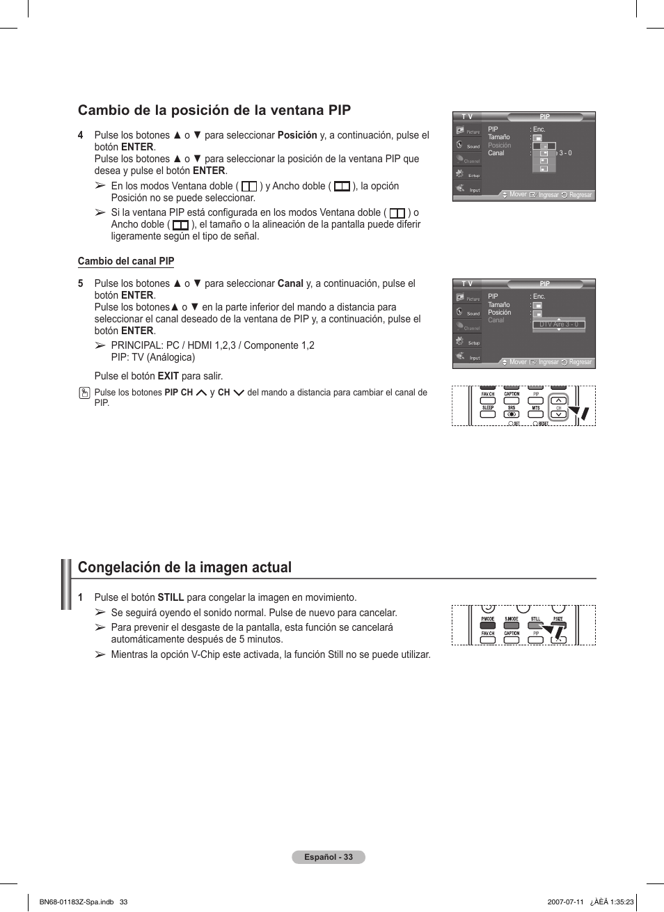 Congelación de la imagen actual, Cambio de la posición de la ventana pip | Samsung FPT5884X-XAA User Manual | Page 199 / 250