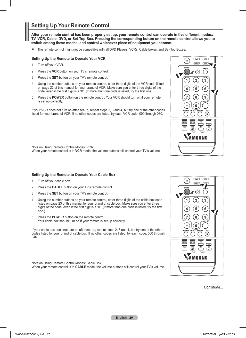 Setting up your remote control | Samsung FPT5884X-XAA User Manual | Page 20 / 250