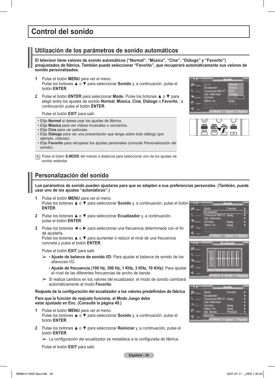 Control del sonido, Personalización del sonido | Samsung FPT5884X-XAA User Manual | Page 200 / 250