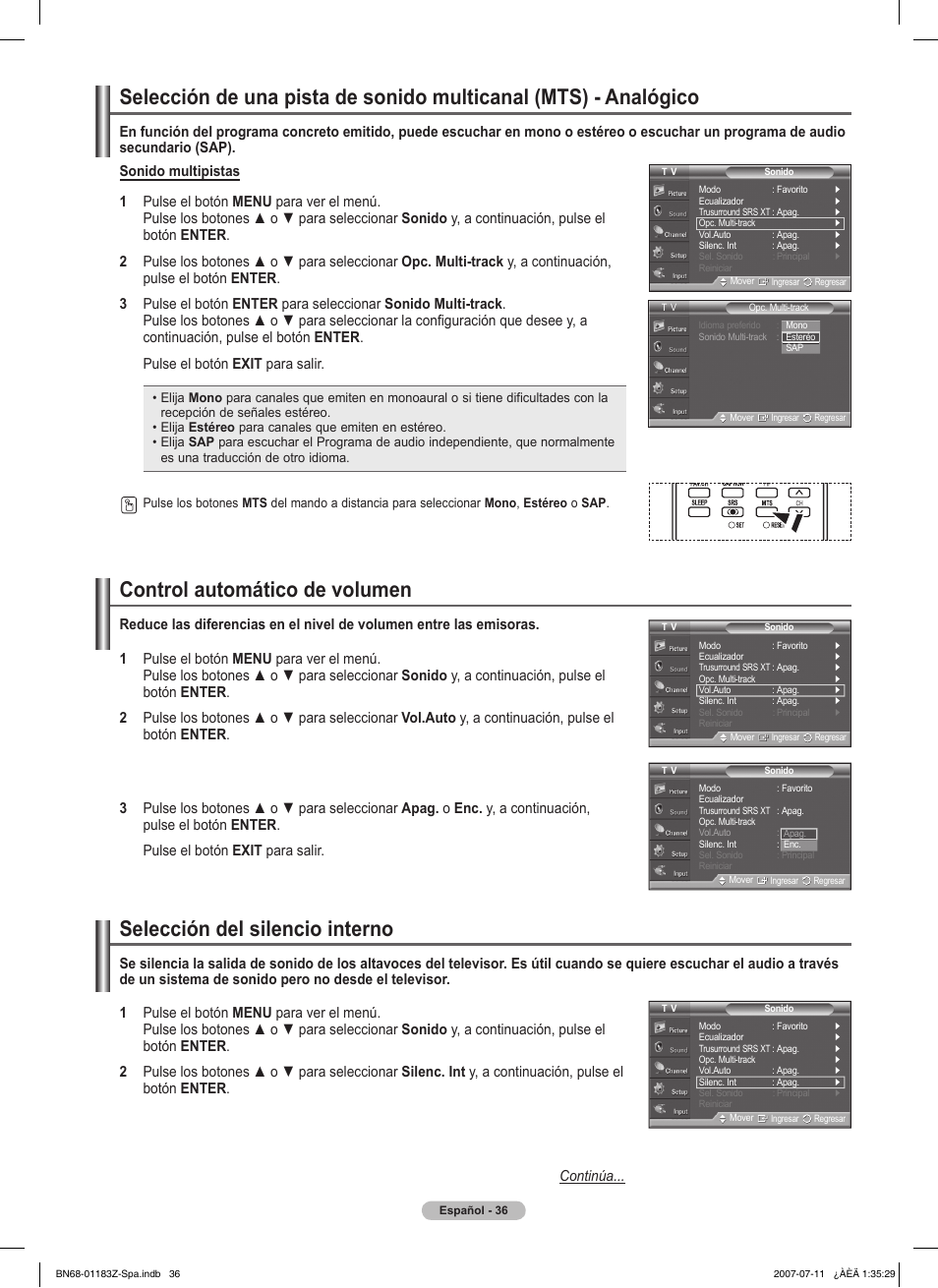 Control automático de volumen, Selección del silencio interno | Samsung FPT5884X-XAA User Manual | Page 202 / 250