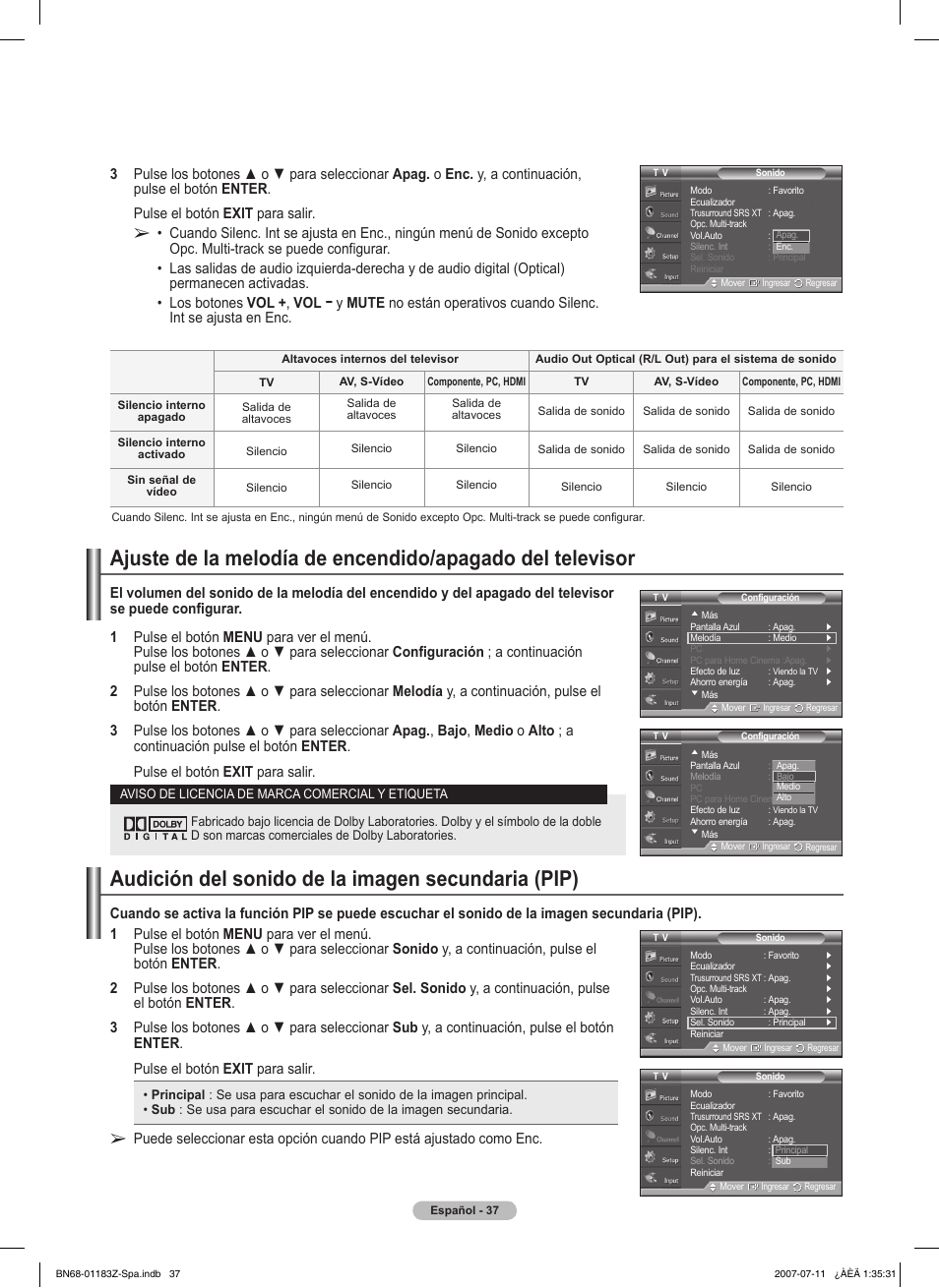 Audición del sonido de la imagen secundaria (pip) | Samsung FPT5884X-XAA User Manual | Page 203 / 250