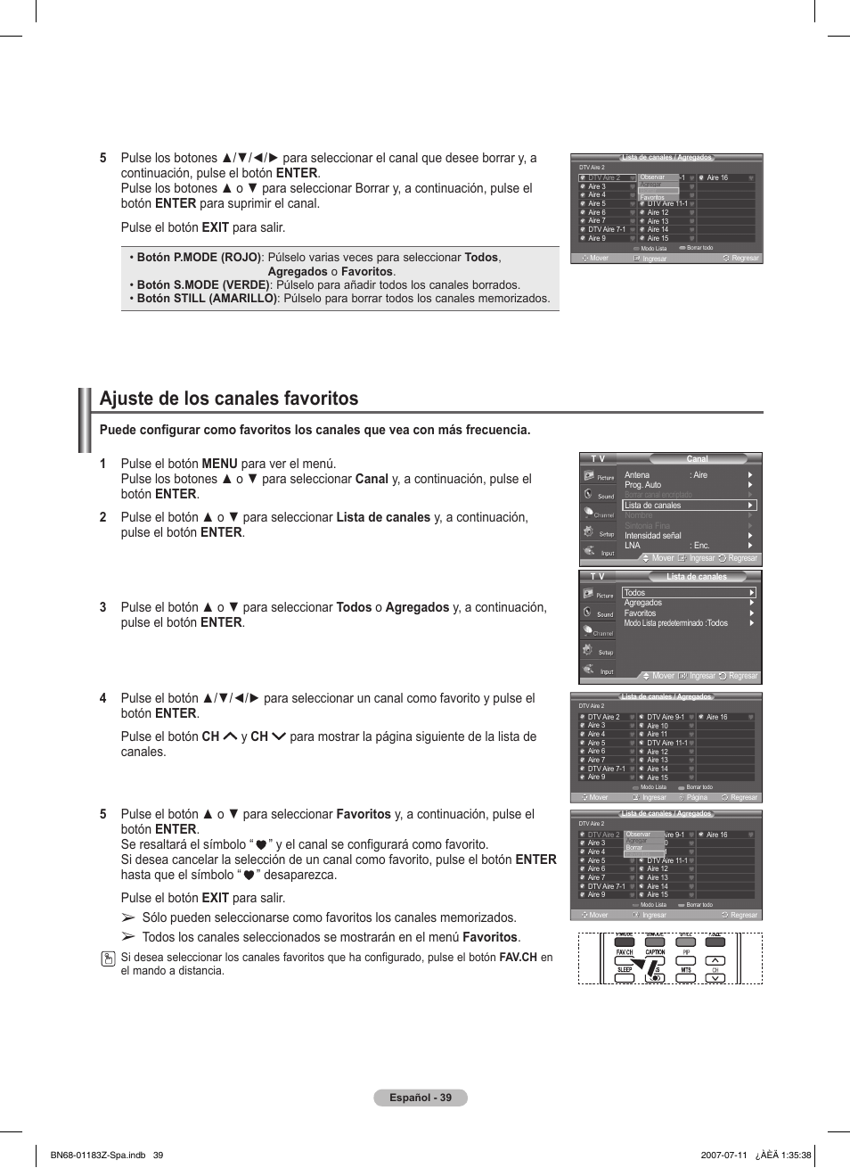 Ajuste de los canales favoritos | Samsung FPT5884X-XAA User Manual | Page 205 / 250
