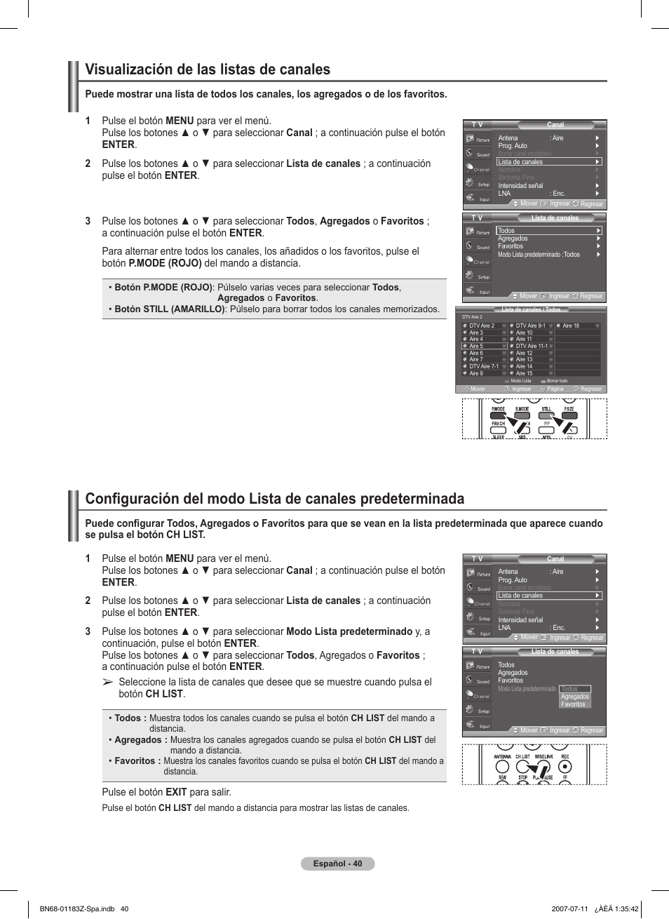 Visualización de las listas de canales, Pulse el botón exit para salir | Samsung FPT5884X-XAA User Manual | Page 206 / 250
