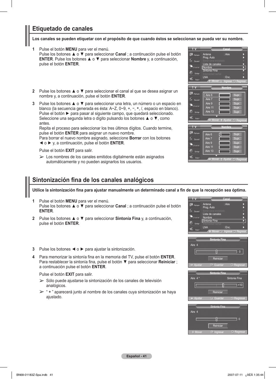 Etiquetado de canales, Sintonización fina de los canales analógicos | Samsung FPT5884X-XAA User Manual | Page 207 / 250