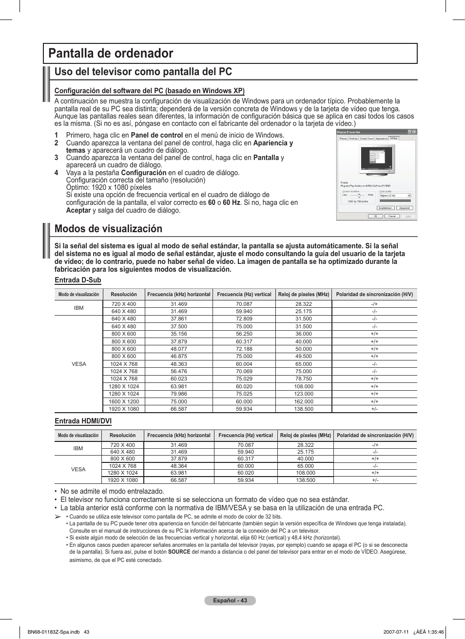 Pantalla de ordenador, Uso del televisor como pantalla del pc, Modos de visualización | Samsung FPT5884X-XAA User Manual | Page 209 / 250