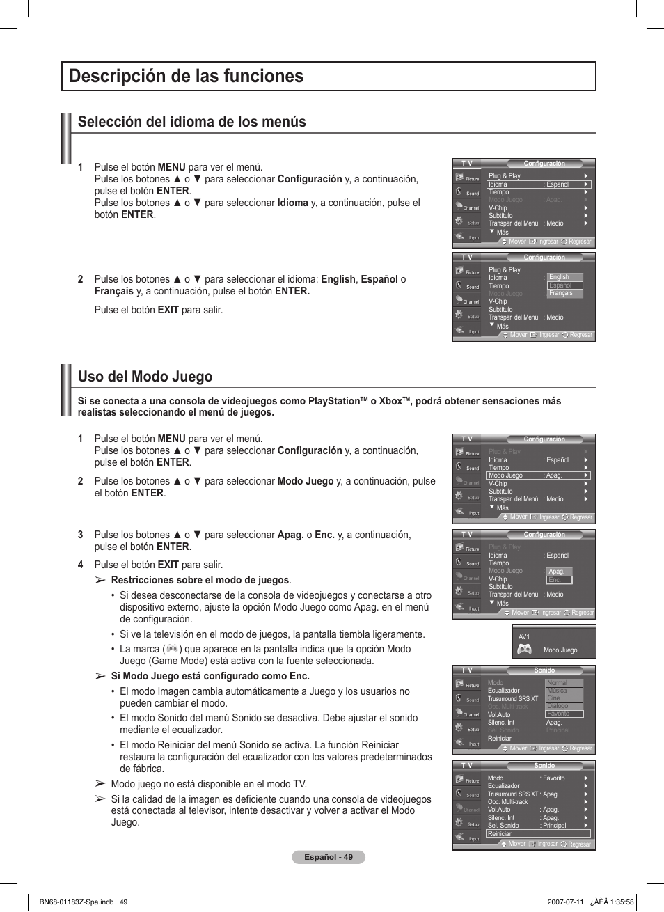 Descripción de las funciones, Selección del idioma de los menús, Uso del modo juego | O xbox, Modo juego no está disponible en el modo tv | Samsung FPT5884X-XAA User Manual | Page 215 / 250