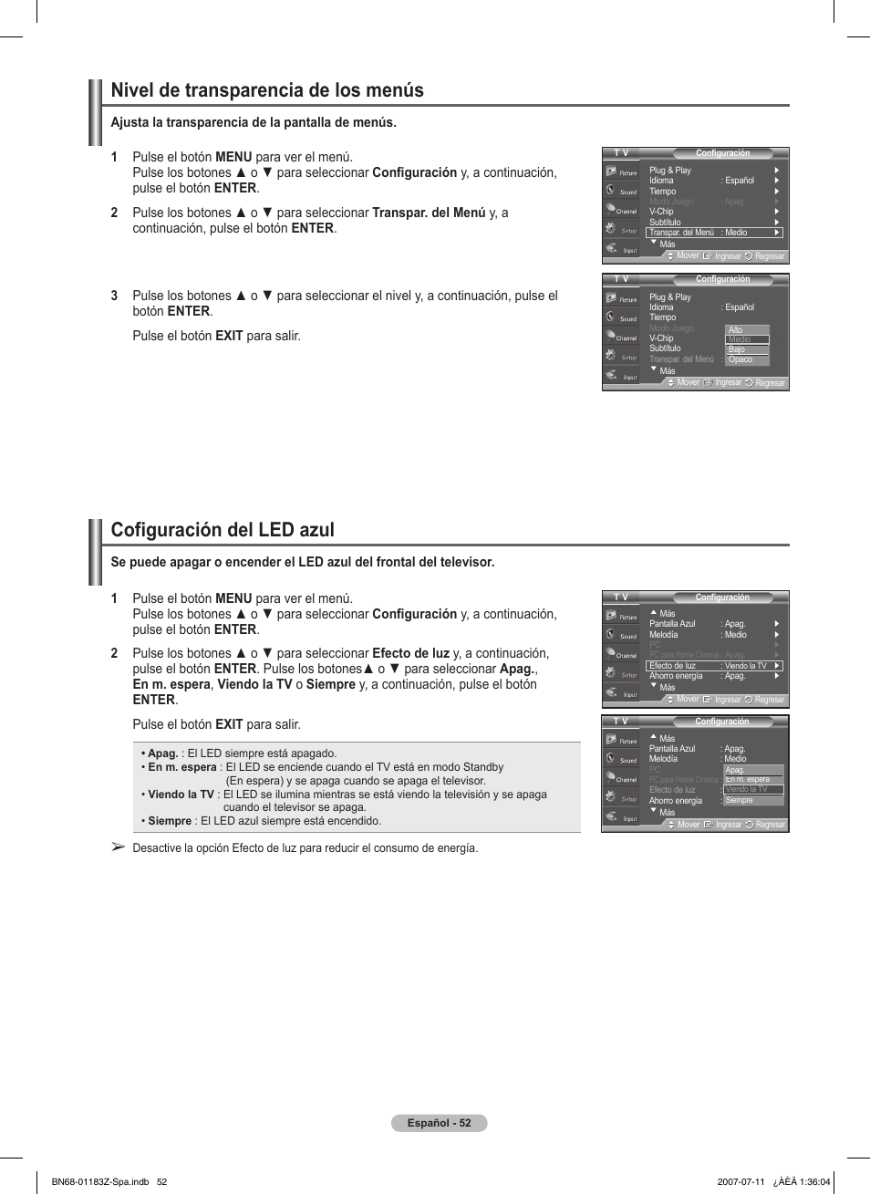 Nivel de transparencia de los menús, Cofiguración del led azul | Samsung FPT5884X-XAA User Manual | Page 218 / 250
