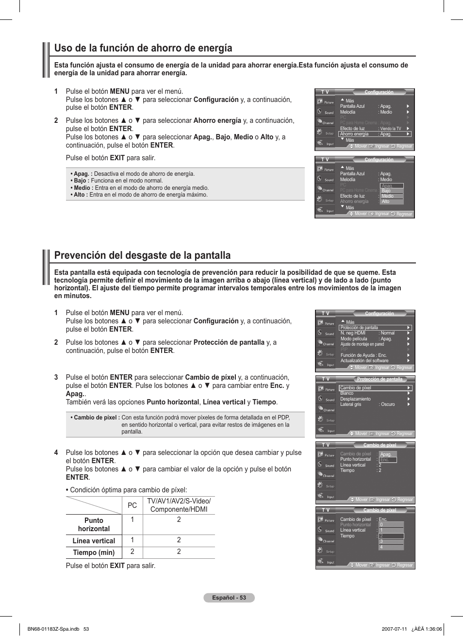Uso de la función de ahorro de energía, Prevención del desgaste de la pantalla | Samsung FPT5884X-XAA User Manual | Page 219 / 250