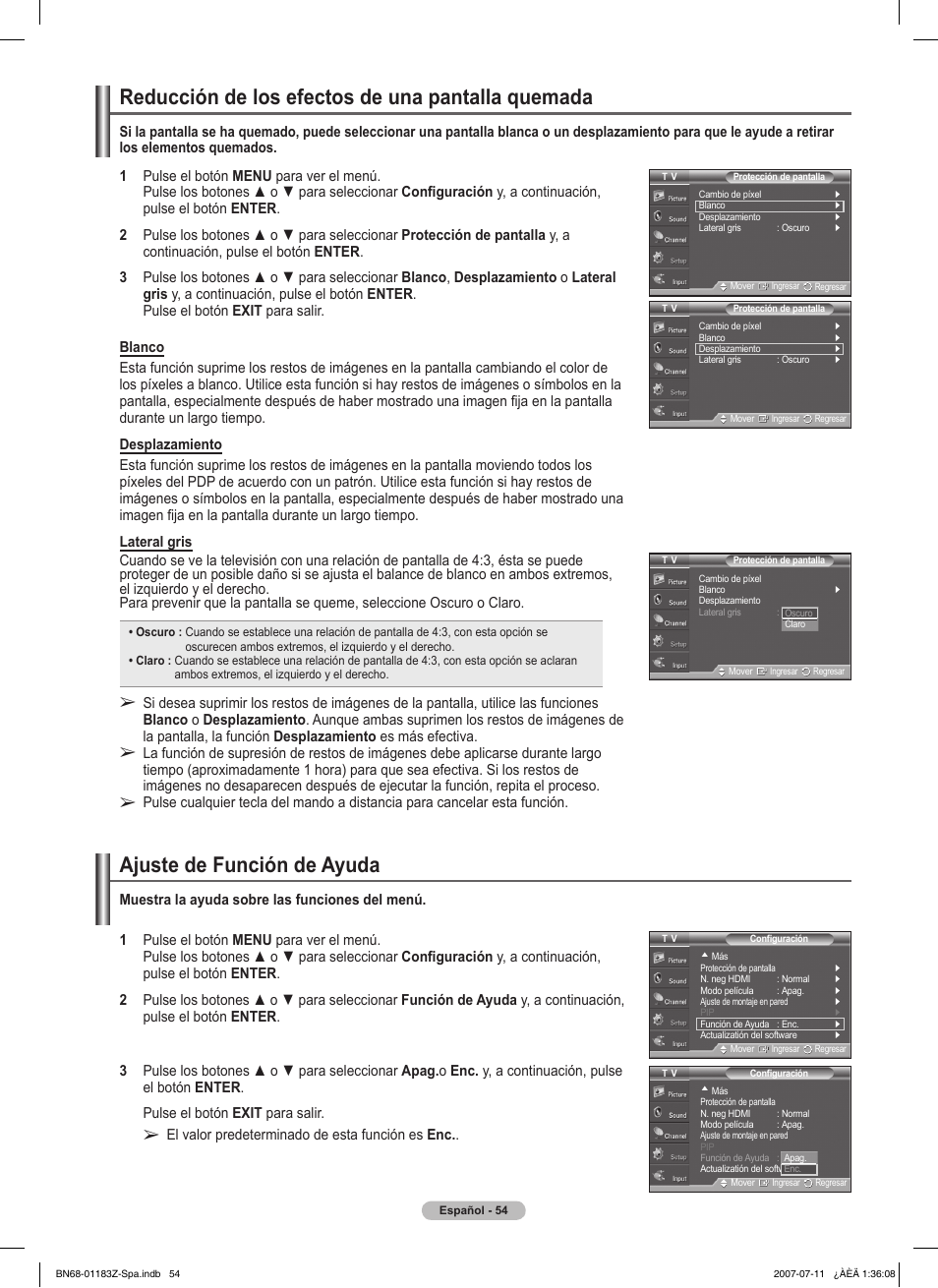 Ajuste de función de ayuda, Reducción de los efectos de una pantalla quemada | Samsung FPT5884X-XAA User Manual | Page 220 / 250
