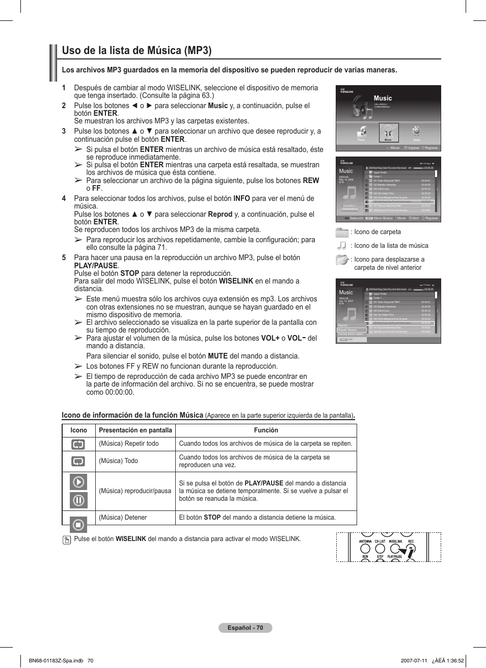 Uso de la lista de música (mp3), Icono de información de la función música | Samsung FPT5884X-XAA User Manual | Page 236 / 250