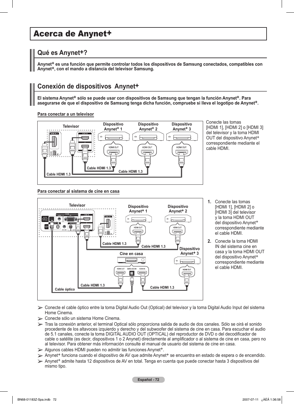 Acerca de anynet, Conexión de dispositivos anynet, Qué es anynet | Samsung FPT5884X-XAA User Manual | Page 238 / 250