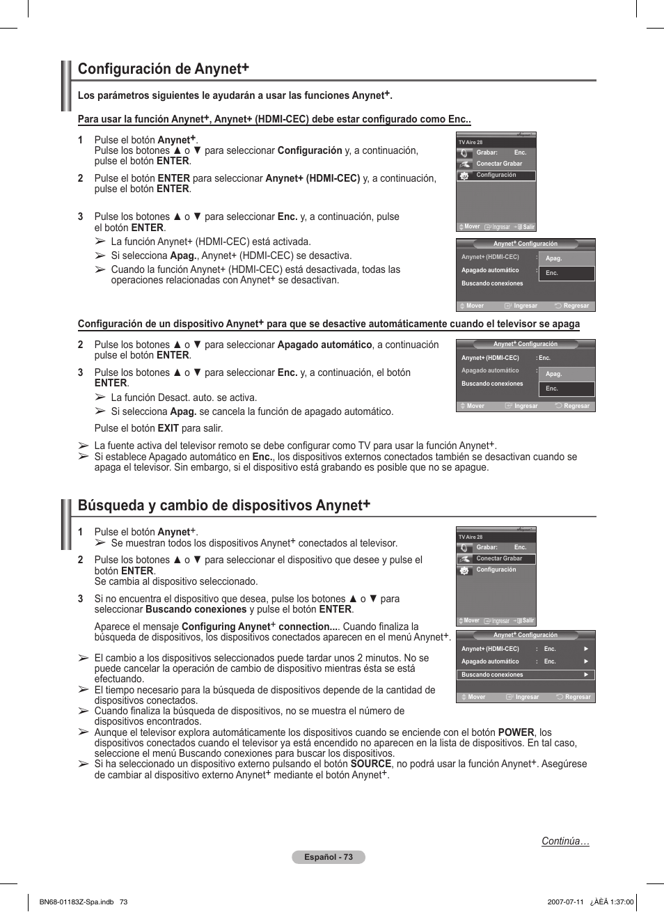 Configuración de anynet, Búsqueda y cambio de dispositivos anynet | Samsung FPT5884X-XAA User Manual | Page 239 / 250