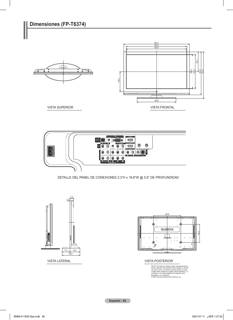 Esta página se ha dejado en blanco expresamente, Dimensiones (fp-t6374) | Samsung FPT5884X-XAA User Manual | Page 248 / 250