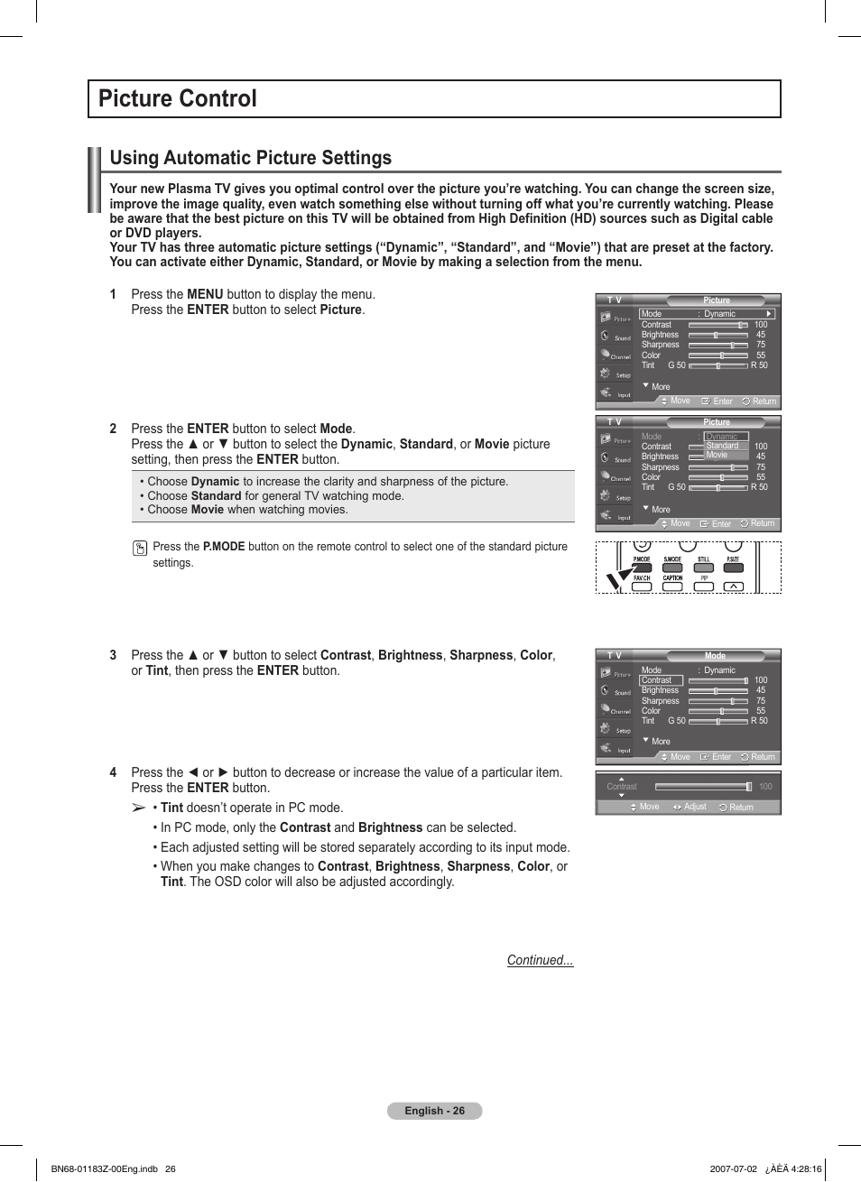 Picture control, Using automatic picture settings | Samsung FPT5884X-XAA User Manual | Page 26 / 250