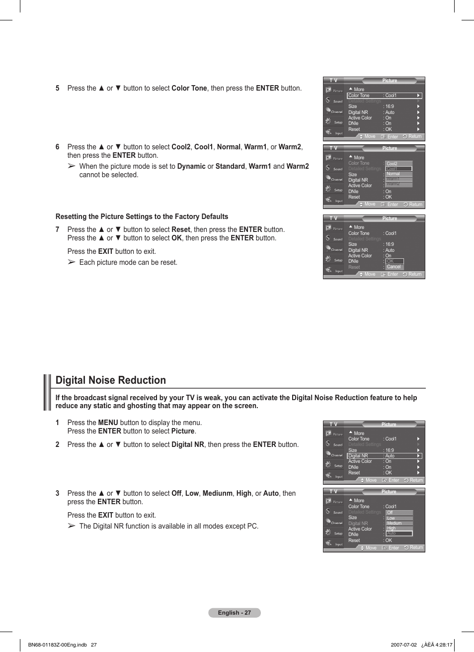 Digital noise reduction, Each picture mode can be reset | Samsung FPT5884X-XAA User Manual | Page 27 / 250