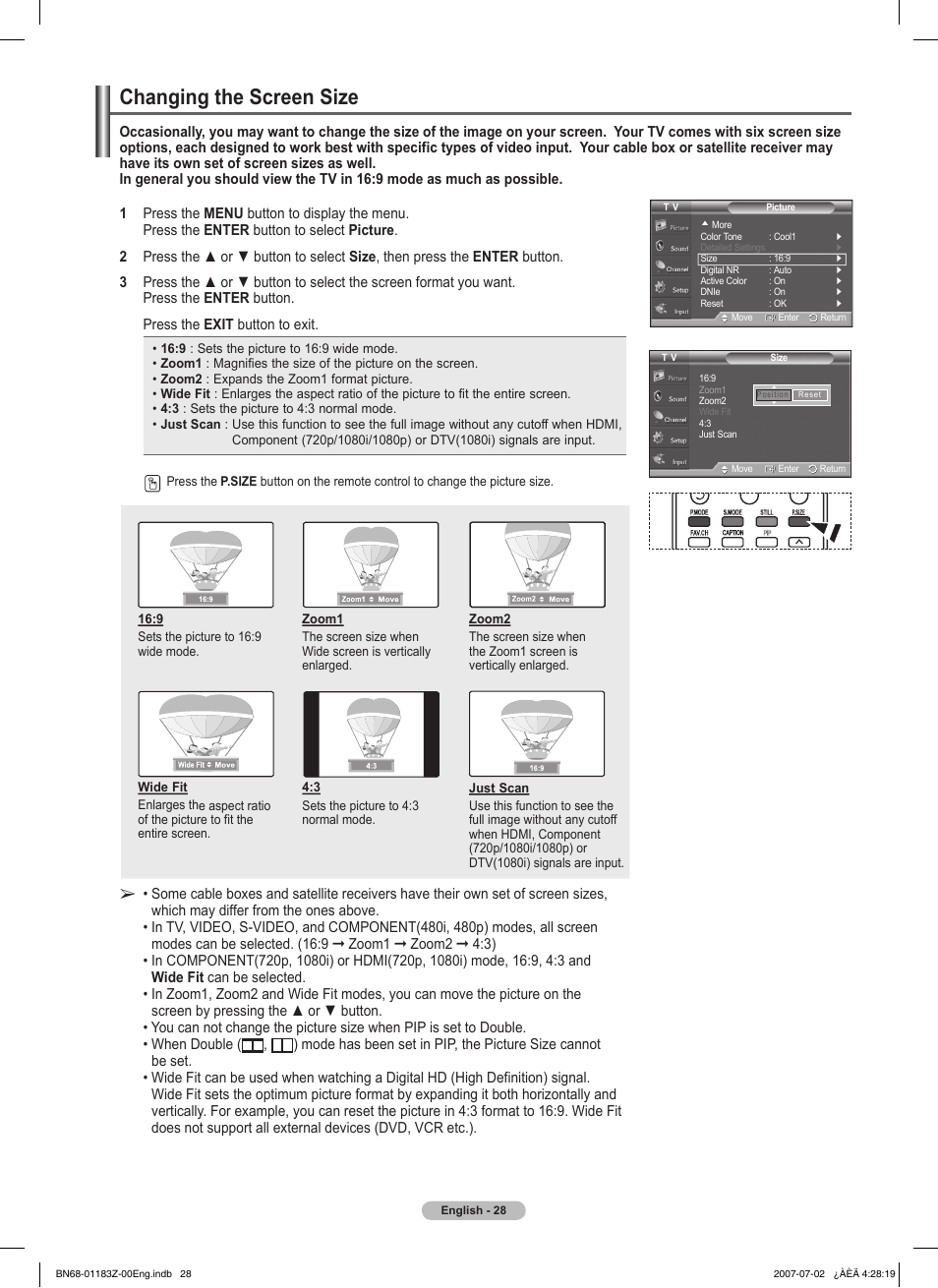 Changing the screen size | Samsung FPT5884X-XAA User Manual | Page 28 / 250