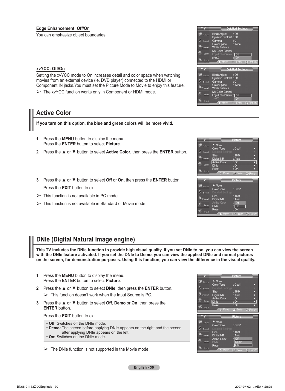 Active color, Dnie (digital natural image engine), This function is not available in pc mode | Samsung FPT5884X-XAA User Manual | Page 30 / 250