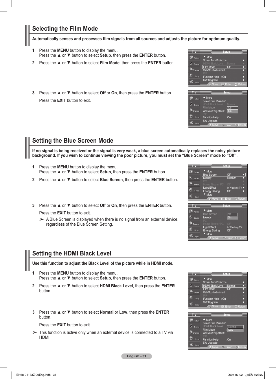 Selecting the film mode, Setting the blue screen mode, Setting the hdmi black level | Samsung FPT5884X-XAA User Manual | Page 31 / 250